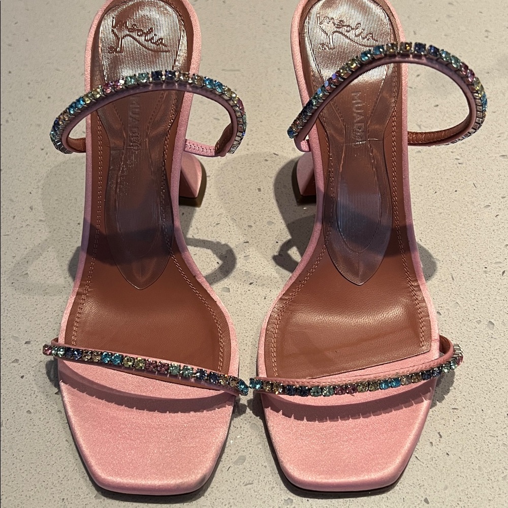 Amina Muaddi Gilda Satin Crystal Embellishments Heels - Picture 2 of 9